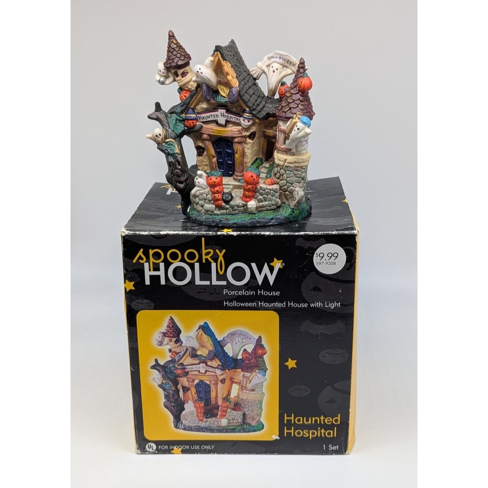 Vtg Spooky Hollow Haunt Hospital Porcelain Halloween Village Lighted House Town